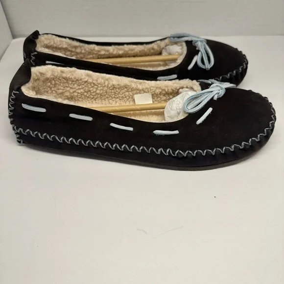L.L. Bean Hearthside Chocolate Brown Suede Moccasin Slippers with Blue Accents - Picture 3 of 7